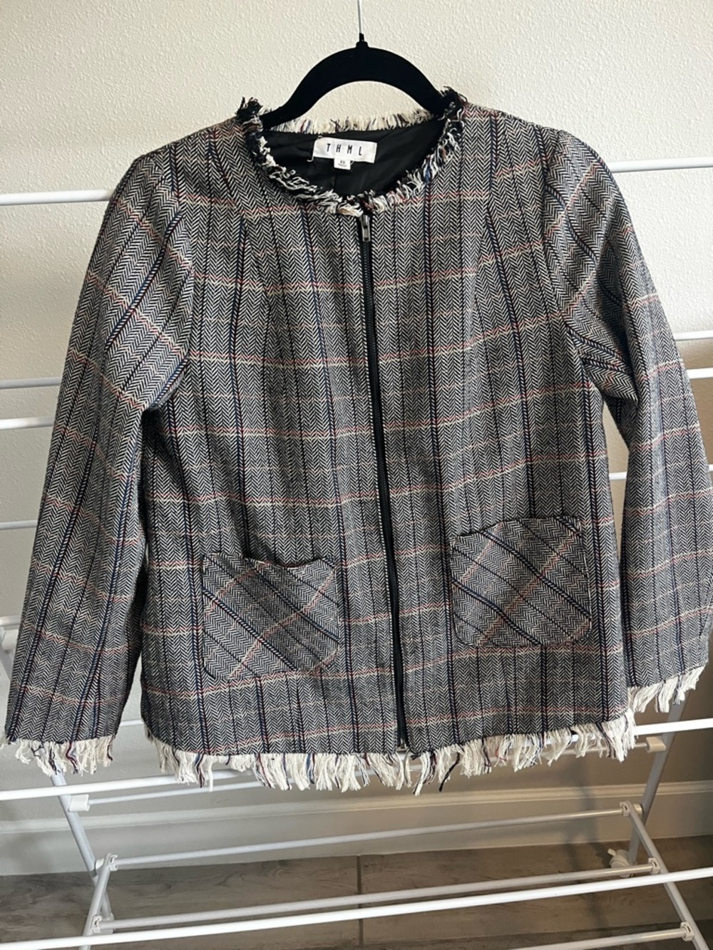 THML Black and Gray Plaid Fringe Tweed Jacket